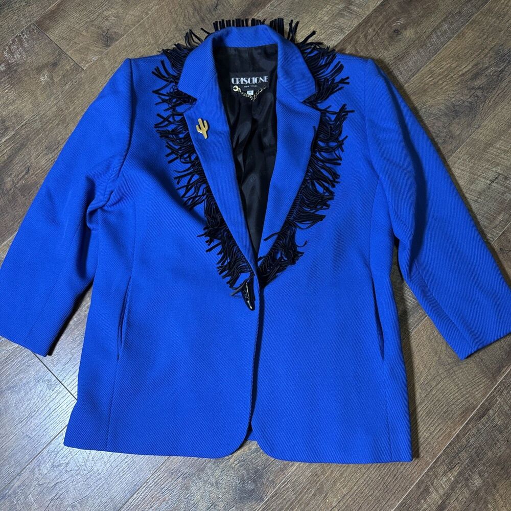 Vintage Criscione New York Blazer Womens M Blue Wool Black Fringe Western Cactus